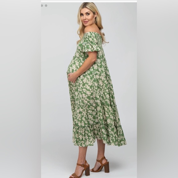 PinkBlush - NWOT - Olive Colour Off the Shoulder Teared Maternity Midi Dress - Picture 3 of 4
